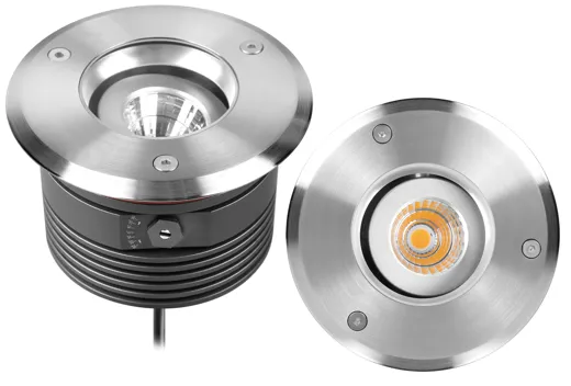 LED Bodeneinbaustrahler AVIOR, 6W, 12V, 500lm, 2700K, CRI80, IP67, 36°, schwenkbar 20°, 10m offenes Kabel